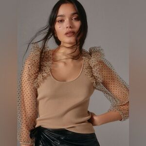 Anthropologie Dolan Tan Blouse with Sheer Polka Dot Sleeves
